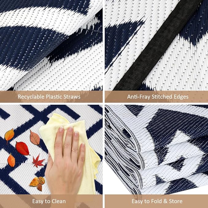 LILIOFFIC Outdoor Rugs - Reversible Mats, 5'x8' Plastic Straw Rug for Patio Clearance Waterproof, Indoor Outdoor Area Rug Carpet for Outside, RV, Deck, Picnic, Beach, Trailer, Camping, Blue & White