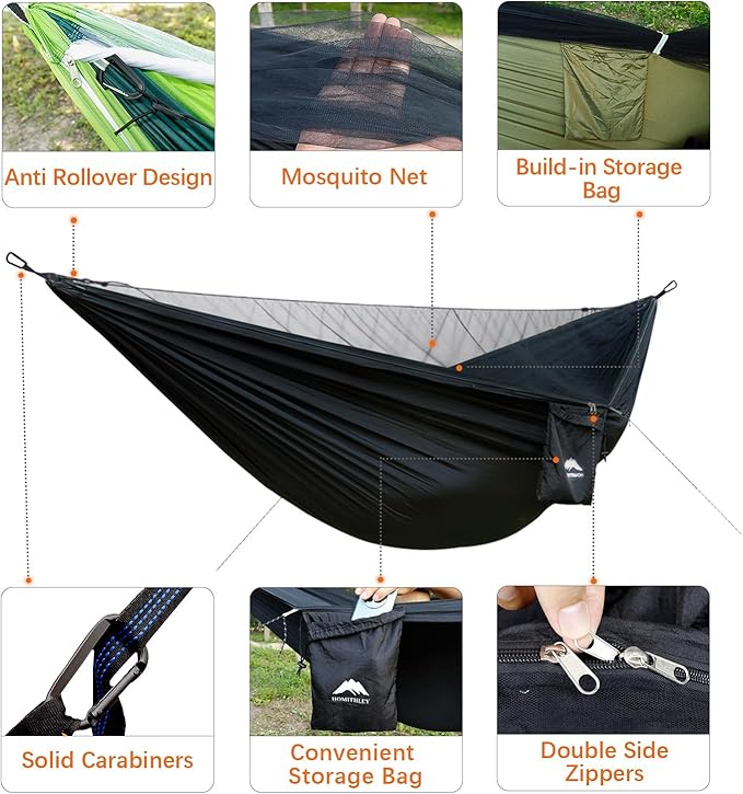 Camping Hammock - Portable Hammock with Mosquito Net, Lightweight Backpacking Hammocks Swing Camping Accessories for Indoor, Outdoor, Beach, Backyard, Patio, Travel, Hiking