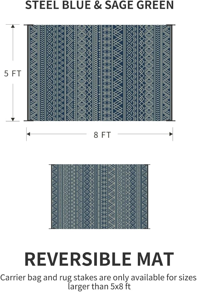 MontVoo Outdoor Rug Carpet Waterproof 5x8 Outdoor Patio Rug Mat Reverisble Plastic Straw Outdoor Rug for RV Camping Picnic Beach Balcony Boho Blue Green