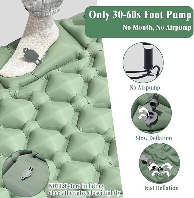 MEI&CO Ultra-Light Inflatable Sleeping Pad with Built-in Pillow & Foot Pump – for Camping, Hiking & Backpacking – Single Pad with Side Buttons for Double Conversion (1, Green)
