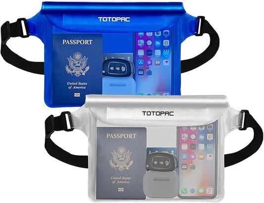 2-Pack Waterproof Fanny Pack, Phone Pouch with Waist Strap, 9x6.7 Inch Dry Bag for Phone, Cash, and Valuables – for Swimming, Kayaking, Boating, Snorkeling, and Water Sports (2, Blue + White)
