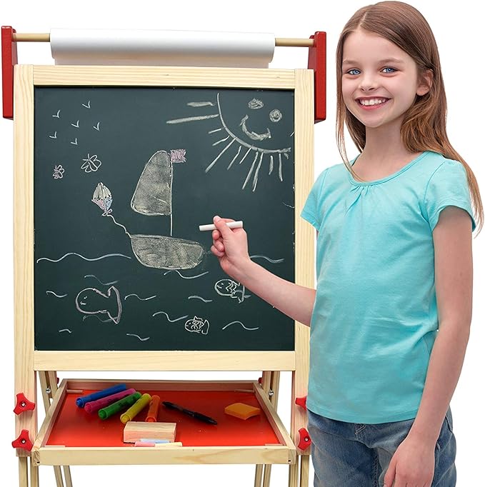 Deluxe Standing Art Easel, Dry-Erase Board Chalkboard Magnetic Whiteboard Paper Roll and Accessories, Ultimate All-in-One Wooden Kid's Art Easel