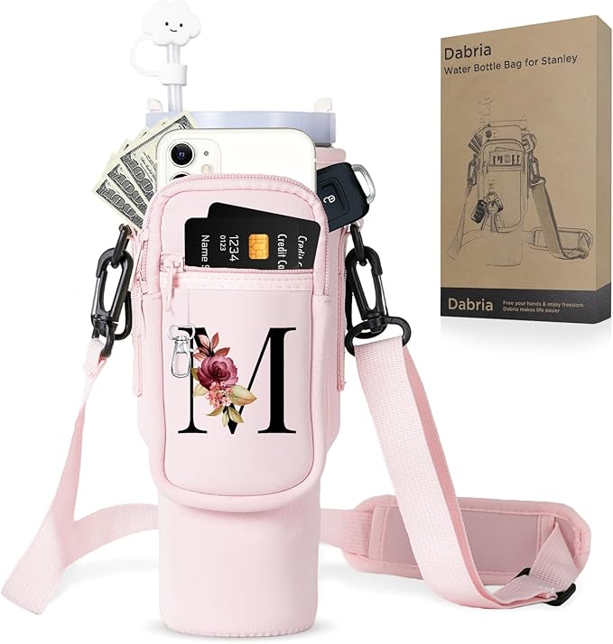 dabria Initial A-Z Water Bottle Bag with Phone Pocket for Stanley 40 oz Tumbler Neoprene Water Bottle Holder Pouch with Adjustable Strap Bollus with Straw Cover & Carabiner for Stanley Cup Accessories