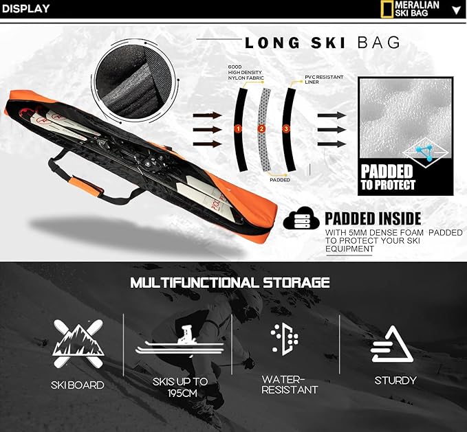 Padded Ski Bag,Waterproof Full Padded Single Ski Travel Bag with Adjustable Shoulder Strap.