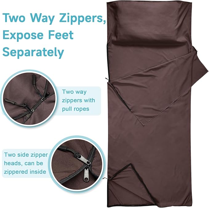 Sleeping Bag Liner, Self Tan Sleep Sack, Adult Sleep Sack, Two-Way-Zipper Expose Feet Separately, Portable Single Camping Travel Sheets for Hotel,Hostels,Business Trips