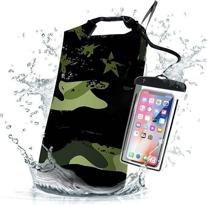 American Flag Waterproof Dry Bag - Roll Top Camouflage Backpack 5L/10L/20L Floating, Lightweight for Kayaking, Boating, Fishing, Swimming, Camping with Waterproof Phone Case