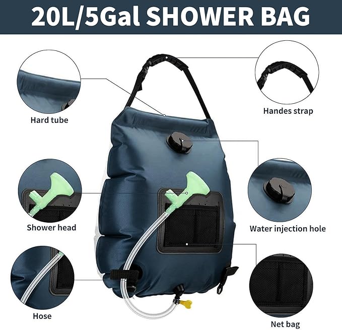 Solar Shower Bag, Solar Heating Camping Shower Bag, 5Gal(20L) Portable Camping Shower Bag, with Removable Hose and On-Off Switchable Shower Head, for Outdoor Traveling/Climbing/Hiking/Beach/Swimming