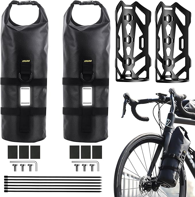 ENLEE 2pcs Bike Fork Bag with Multipurpose Cage-Waterproof Dry Bike Bags for Bicycles 5L Lightweight Portable Roll Top Design Bike Packing Fork Bags for MTB, Road, Gravel, Folding Bikes Touring