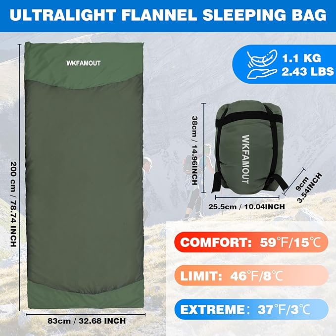Backpacking Flannel Sleeping Bag Lightweight for Adults Hiking Ultralight Compact Sleeping Bag Portable Warm Weather Summer with Compression Sack