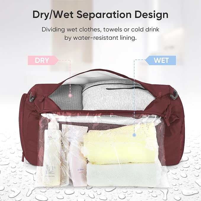 BALEINE Gym Bag for Women and Men, Small Duffel Bag for Sports, Gyms and Weekend Getaway, Waterproof Dufflebag with Shoe and Wet Clothes Compartments, Lightweight Carryon Gymbag (Red)