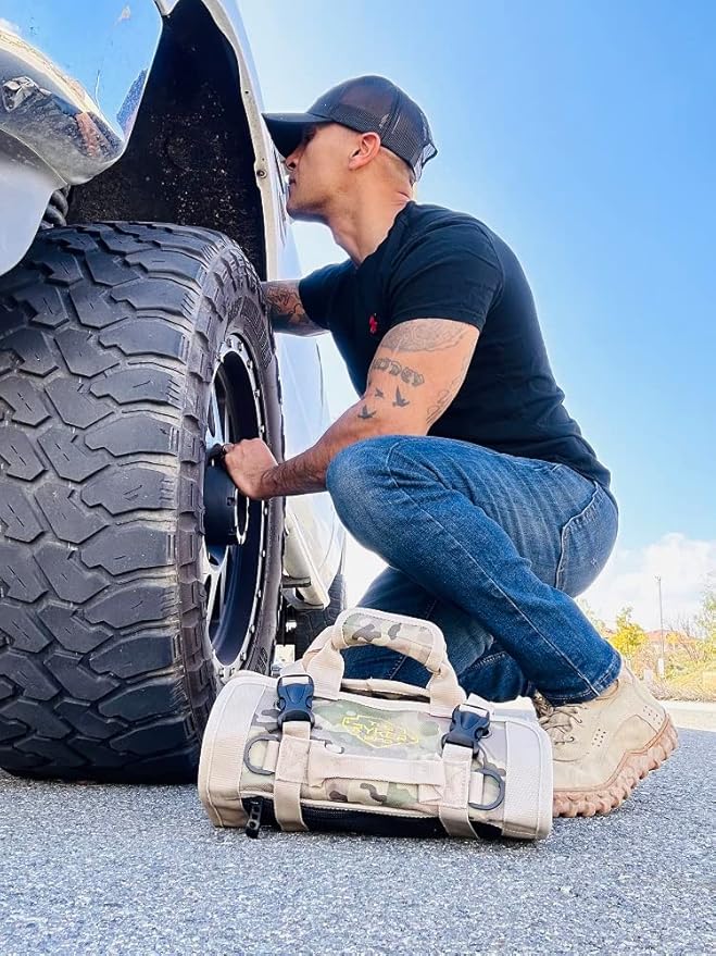 The Ryker Roll Up Tool Bag Organizer Gifts for Dad. Heavy Duty Motorcycle Tool Roll Bag Organizer. Portable Rollup Toolbag w/Detachable Pouches - Tools Bags Mens gifts for him/Mechanic - Camouflage