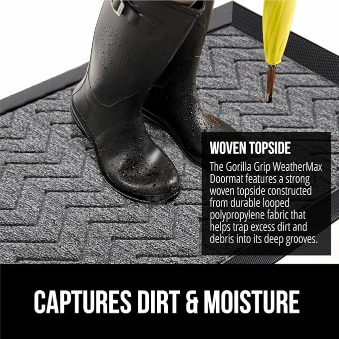 GORILLA GRIP 100% Waterproof All-Season WeatherMax Doormat, Durable Natural Rubber, Stain and Fade Resistant, Low Profile, Indoor Outdoor Doormats, Easy Clean Patio Entrance Mat, 17x29, Steel Chevron