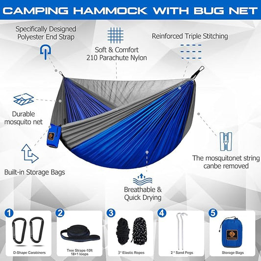 Camping Hammock, Portable Hammocks with Mosquito Net,Lightweight Nylon Parachute Hammock with 10ft Tree Straps,Camping Gear Must Haves for Travel Hiking Backpacking Beach Patio-Blue&Grey