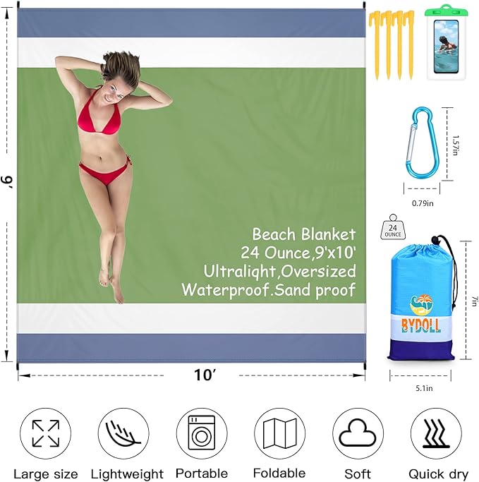 BYDOLL Beach Blanket 78''X81'' 4-7 Adults Oversized Lightweight Waterproof Sandproof Blanket for Beach Large Picnic Mat Travel Camping