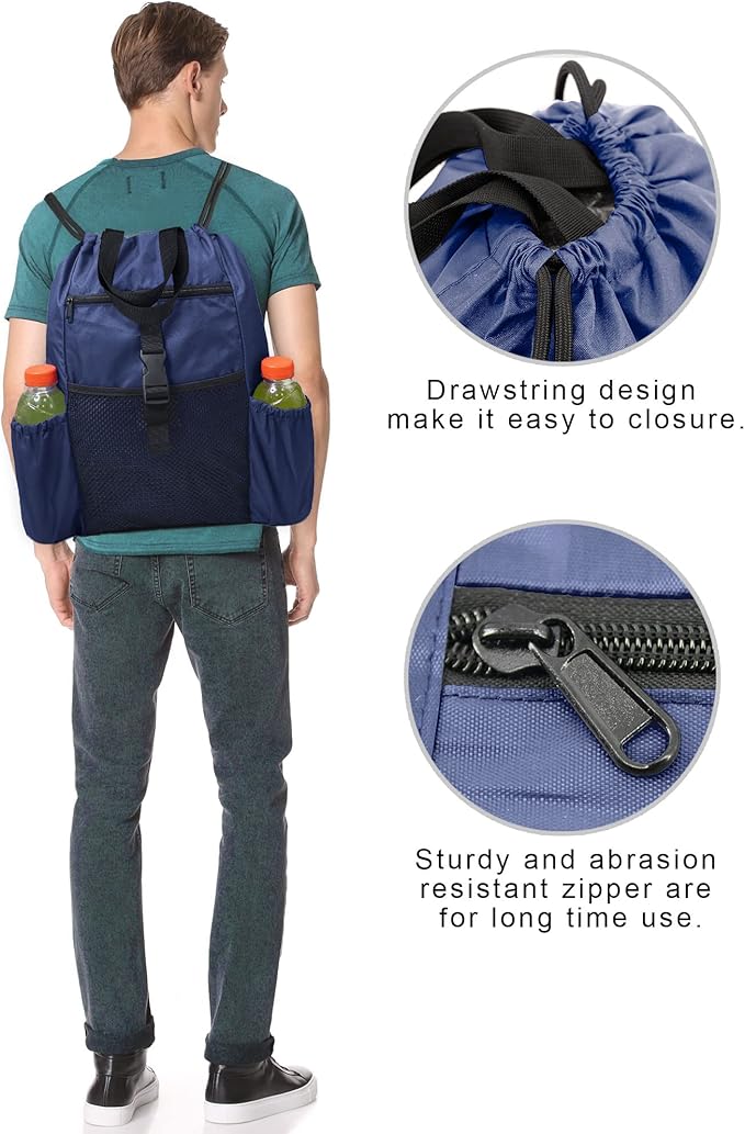 BeeGreen Drawstring Backpack Sports Gym Bag With Shoe Compartment and Two Water Bottle Holder …