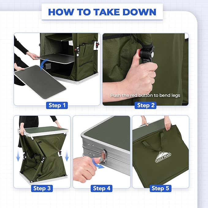 EAGLE PEAK Outdoor Folding Camping Table with Large 3-Tier Storage Organizer and Side Pockets, Easy Set Up Portable Aluminum Camping Kitchen, Green