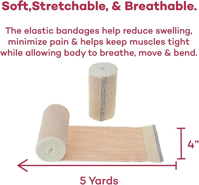 Dealmed 4" Elastic Bandage Wrap with Self-Closure – 10 Elastic Bandages, 5 Yards Stretched Compression Bandage Wrap, Wound Care Product for First Aid Kit and Medical Facilities