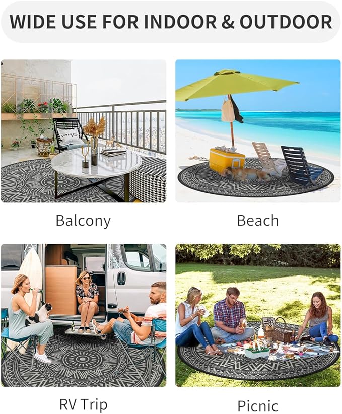 MontVoo Outdoor Rug Carpet Waterproof Round 8ft Outdoor Patio Rug Mat Reverisble Plastic Straw Outdoor Rug for RV Camping Picnic Beach Balcony Boho Grey