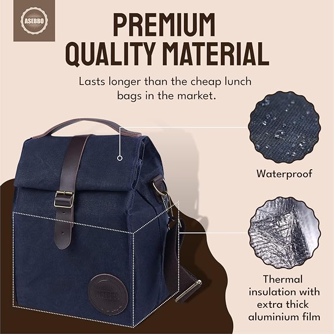 Blue Lunch Bag – Insulated Waterproof Lunch Box for Work, Picnic & Travel – Durable Medium-Size Canvas Lunch Bag for Women & Men – Leakproof & Stylish Dark Blue Lunchbox with Shoulder Strap