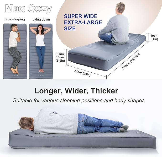 Origem Self Inflating Sleeping Pad, 4" Ultra-Thick Camping Mattress with Built-in Pump, Foam Campinging Mat for Tent, Traveling and Car, Easy to Inflate and Deflate (Grey)