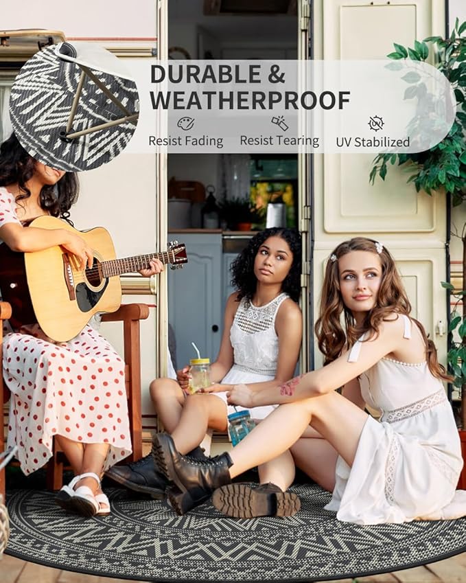 MontVoo Outdoor Rug Carpet Waterproof Round 6ft Outdoor Patio Rug Mat Reverisble Plastic Straw Outdoor Rug for RV Camping Picnic Beach Balcony Boho Grey