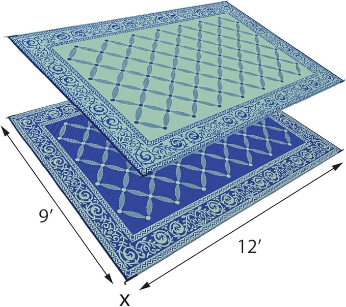 Stylish Camping 119123 9-feet by 12-feet Reversible Mat, Plastic Straw Rug, Large Floor Mat for Outdoors, RV, Patio, Backyard, Picnic, Beach, Camping (Blue/Light-Green)