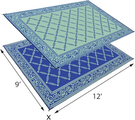 Stylish Camping 119123 9-feet by 12-feet Reversible Mat, Plastic Straw Rug, Large Floor Mat for Outdoors, RV, Patio, Backyard, Picnic, Beach, Camping (Blue/Light-Green)