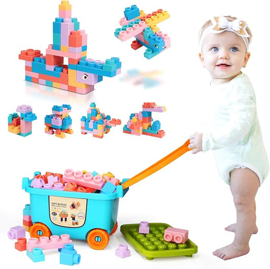 Large Particle Soft Building Block Toys with Storage Box with Pull rods for Toddler Aged 18 Months to 6 Years Old.Preschool Toys Suitable for Kindergarten, Parent-Child Interaction etc(81P)