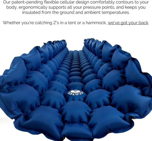ECOTEK Outdoors Hybern8 Ultralight Inflatable Sleeping Pad with Contoured FlexCell Honeycomb Design - Easy to Inflate, Comfortable, Lightweight, Durable, and Hammock Approved [Ocean Blue]