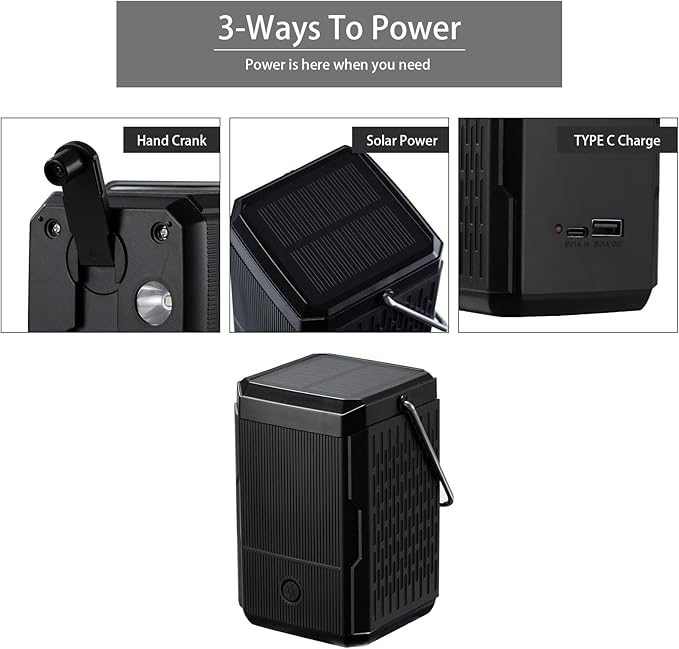 Camping Lantern Rechargeable, Hand Crank & Solar Camping Lights with USB Output, Tent Lights for Camping, Portable Camp Lamp, Camping Hurricane Home Power Failure Essentials (Black, 1 Pack)