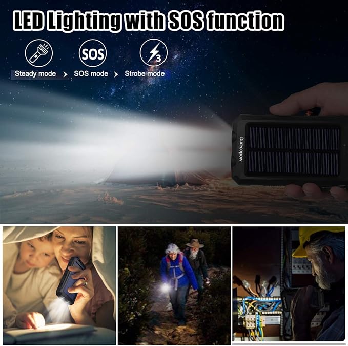 Solar Charger Power Bank, 20000mAh Portable Outdoor Waterproof Solar Battery Charger, Camping External Backup Battery Pack USB C Ports Input/Output, 2 Led Light Flashlight with Compass (Black)