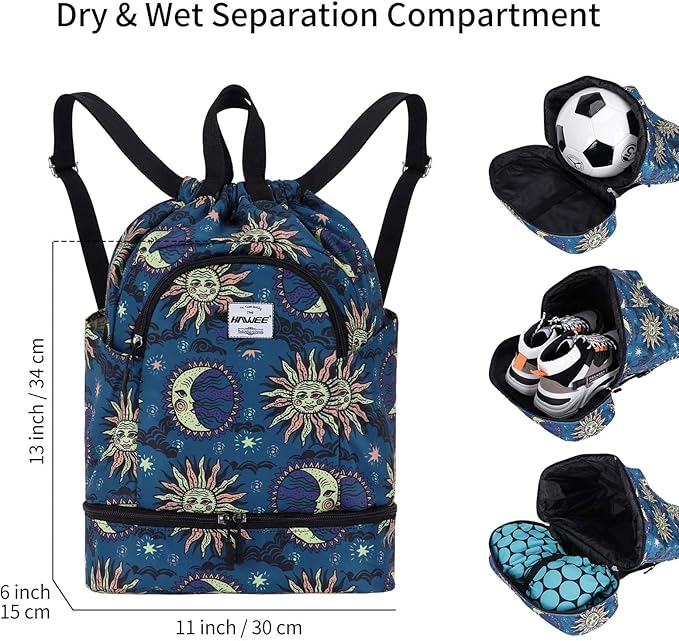 Dry Wet Drawstring Backpack with Shoe Compartment for Women Adjustable Gym Bag