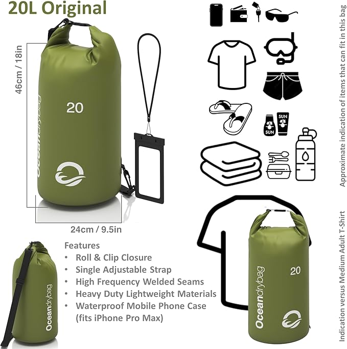 Oceandrybag - Waterproof Dry Bag Backpack - Floating Dry Sack Portable for Kayaking, Beach, Rafting, Boating, Hiking, Camping, Fishing with Waterproof Phone Case