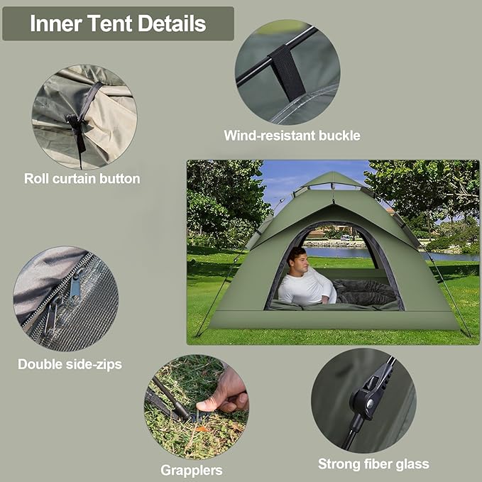 Instant Pop Up Tents for Camping, 2-3 Person Camping Tent 60s Automatic Easy Setup Tent, Double-Thick Waterproof Instant Tents for Hiking Backpacking