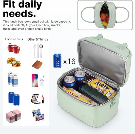 BALORAY Lunch Bag for Women Men, Double Deck Lunch Box for Adults, PU Leather Lunch Tote Bag Insulated Lunch Bags with Strap for Work Office Picnic