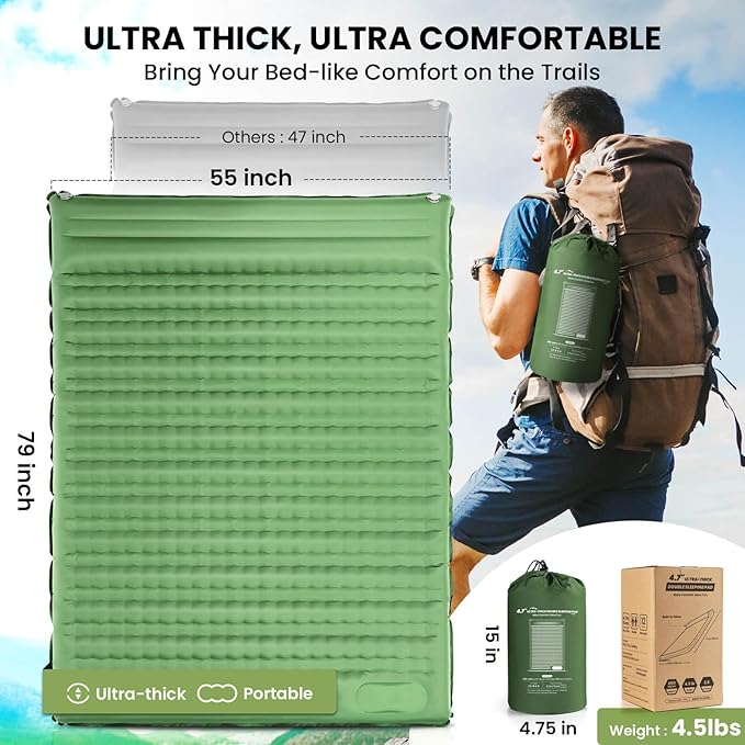 Double Sleeping Pad, 4.7“ Ultra-Thick Camping Mattress 2 Person for Backpacking, Hiking (Green, Full)