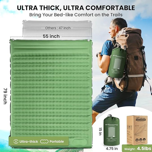 Double Sleeping Pad, 4.7“ Ultra-Thick Camping Mattress 2 Person for Backpacking, Hiking (Green, Full)