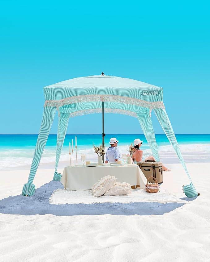 OutdoorMaster Beach Cabana with Fringes, Portable 6' x 6' Beach Canopy for Sand, Easy Set Up Sun Shelter, Included Side Wall, UPF 50+ UV Protection Sun Umbrella - for Family & Friends -Stripes