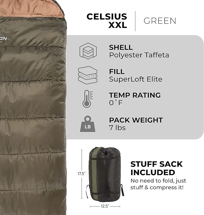 Teton Celsius XXL Sleeping Bag, Cold Weather Sleeping Bags for Adults and Kids, Camping Made Easy and Warm. Compression Sack Included, 35F, 25F, 0F, 20F Degree