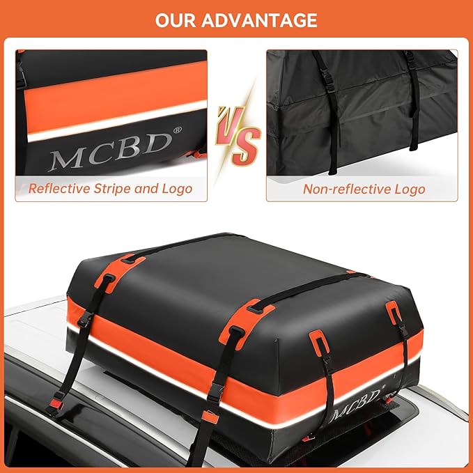 Rooftop Cargo Carrier Bag,15 Cubic Feet Soft-Shell Waterproof Car Roof Luggage Bag for All Vehicles SUV with/Without Rails,Includes 8 Reinforced Straps+4 Door Hooks,Storage Bag,Anti-Slip Mat,Orange
