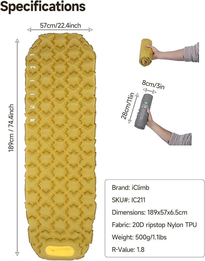 iClimb Ultralight Compact Sleeping Pad with Built-in Pump Inflatable Portable Air Mattress for Camping Backpacking Hiking (Yellow)