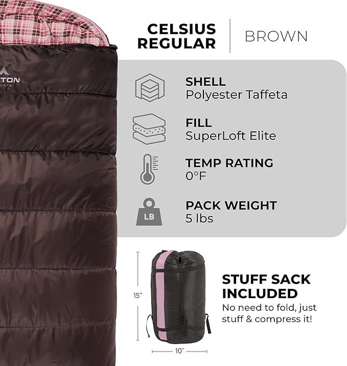 Teton Celsius Regular, -25F, 20F, 0F Degree Sleeping Bags, All Weather Bag for Adults and Kids, Camping Made Easy and Warm, Travel Sack Included