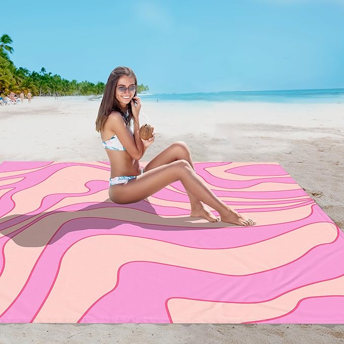 Pink Beach Blanket Waterproof Sandproof, Outdoor Beach Mat Sand Free with 4 Stakes & 4 Pockets, 9 Ft X 10 Ft Oversized Lightweight Compact Polyester Beach Essentials for Picnic, Camping, Sun Shade