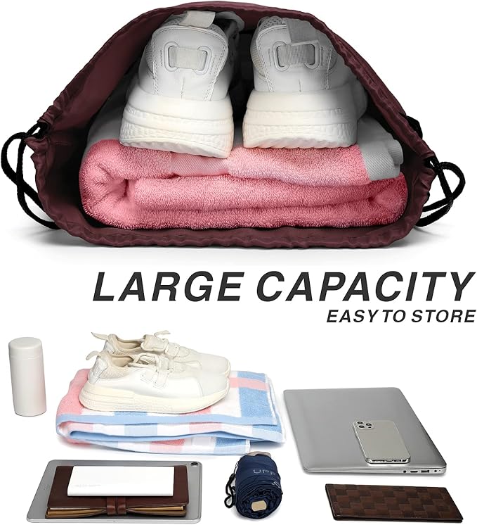 BuyAgain Drawstring Backpack Sports Water Resistant String Bag Sport Gym Sackpack for Women Men Large with Zipper, Burgundy