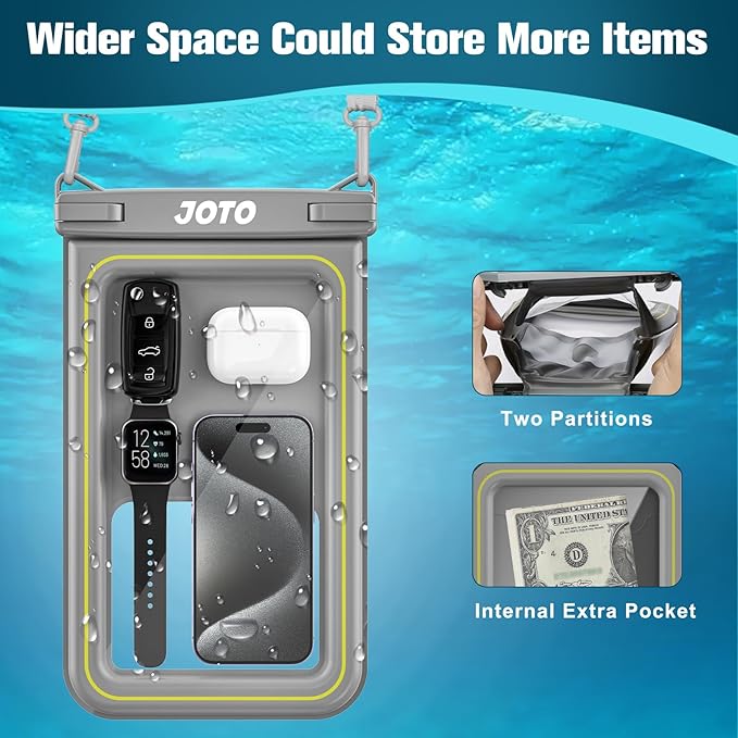 JOTO [IP68 Floatable Large Floating Waterproof Phone Pouch Up to 10", Underwater Phone Case Cellphone Dry Bag for iPhone 16 15 14 13 12 11 Pro Max Xs Max XR X 8 7 Plus SE/Galaxy S24 S23 S22 -Grey