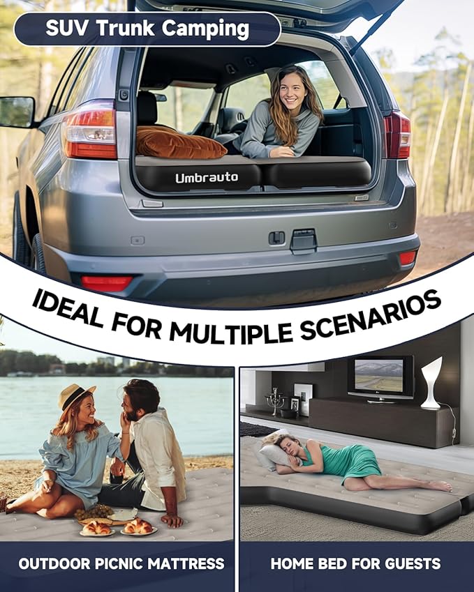 Umbrauto SUV Inflatable Air Mattress: Upgraded Thickened Flocking Car Sleeping Bed for SUV Back Trunk Camping, Car Travel Airbed with Electric Pump, Pillows, Repair Patch Kit