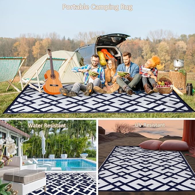 LILIOFFIC Outdoor Rugs - Reversible Mats, 5'x8' Plastic Straw Rug for Patio Clearance Waterproof, Indoor Outdoor Area Rug Carpet for Outside, RV, Deck, Picnic, Beach, Trailer, Camping, Blue & White