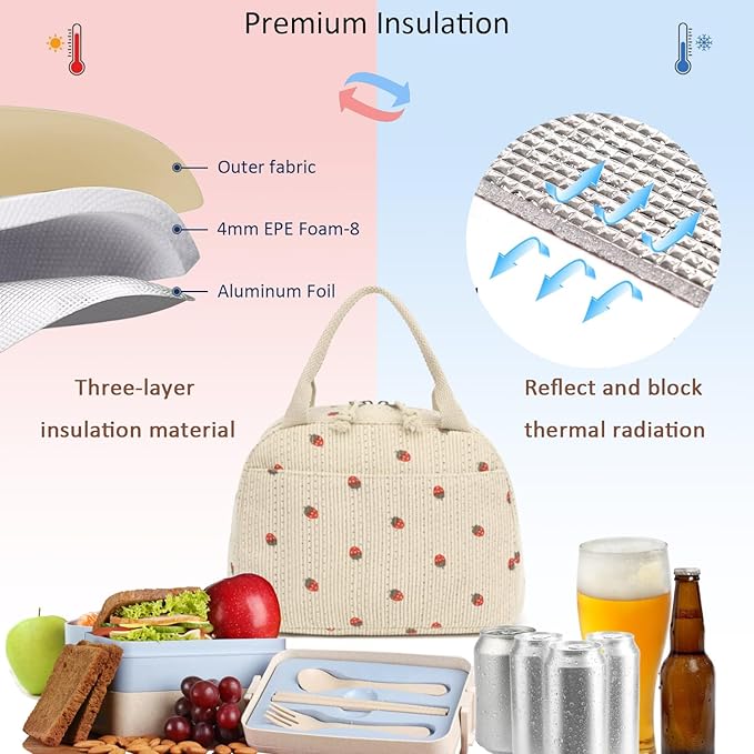 Lunch Bag, Beige Corduroy with Strawberry Pattern, Insulated Thermal Tote, Portable and Reusable Cooler for School or Work, 8.5L