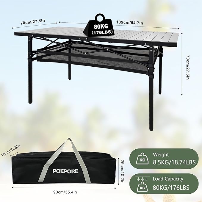 Large Folding Camping Table Aluminum with Storage for 4-6 People 55"X27.5" Roll Up Tall Outdoor Portable Table Lightweight with Carry Bag for Picnic BBQ Backyard Beach
