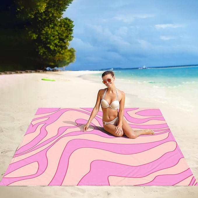 Pink Beach Blanket Waterproof Sandproof, Outdoor Beach Mat Sand Free with 4 Stakes & 4 Pockets, 9 Ft X 10 Ft Oversized Lightweight Compact Polyester Beach Essentials for Picnic, Camping, Sun Shade